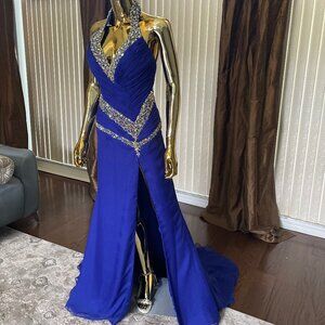 Sapphire Blue Beaded Halter Formal Dress Size S Ruched Bodice Slit Gown